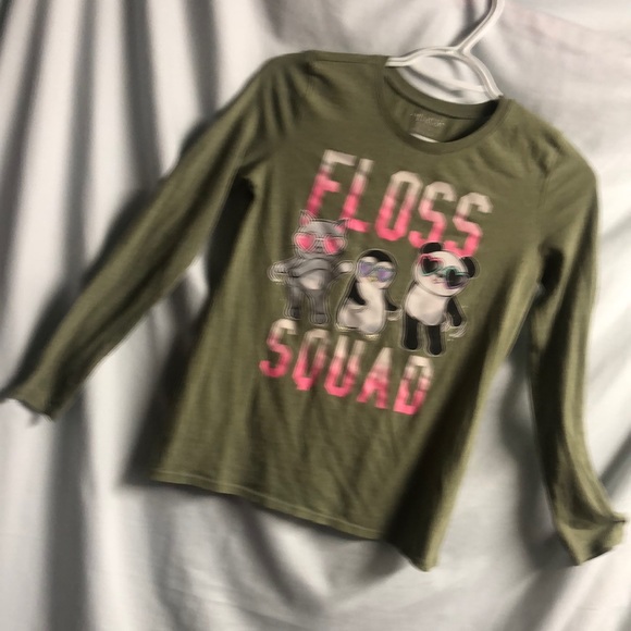 Large 10/12 girls long sleeved Floss Squad olive green shirt guc - Picture 1 of 9